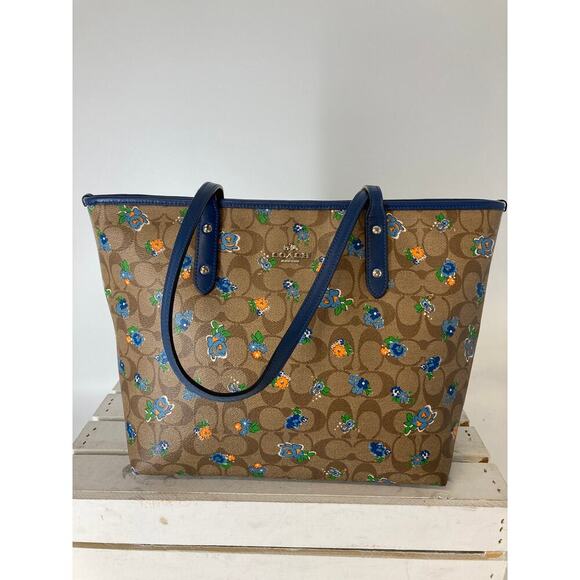 COACH F57888 LARGE BROWN, BLUE SAFFIANO FLORAL SHOULDER BAG - Picture 1 of 15